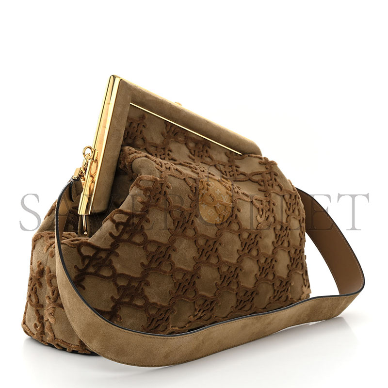 FENDI CAMOSCIO KARLIGRAPHY EMBROIDERED MEDIUM FIRST CAMEL (32.5*23.5*15cm)
